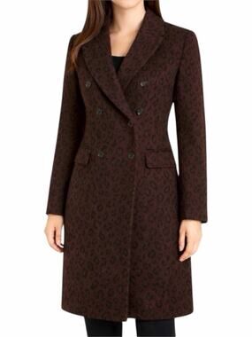 Ann Taylor Wool Blend Chesterfield Coat Brown Cheetah Print Size XL